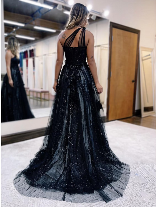 A-Line Prom Dresses Dress Formal Sleeveless One Shoulder Tulle Backless with Pleats Appliques
