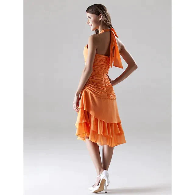 A-Line Bridesmaid Dress Halter Neck / V Neck Sleeveless Open Back Asymmetrical / Knee Length Chiffon with Side Draping - luolandi