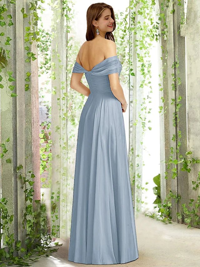 A-Line Bridesmaid Dress Off Shoulder Sleeveless Elegant Floor Length Chiffon with Pleats - luolandi