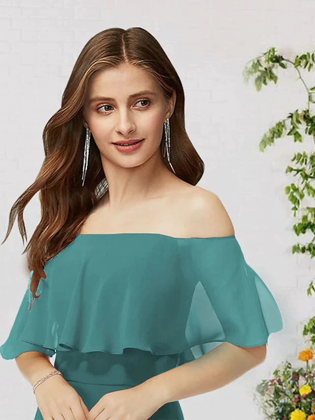 A-Line Bridesmaid Dress Off Shoulder Sleeveless Elegant Floor Length Chiffon with Ruffles - luolandi