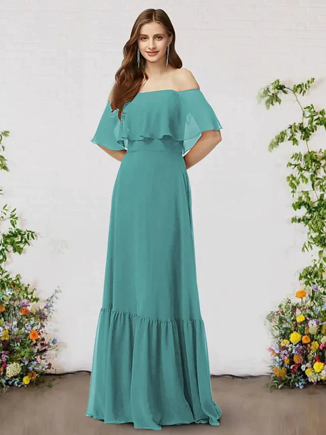 A-Line Bridesmaid Dress Off Shoulder Sleeveless Elegant Floor Length Chiffon with Ruffles - luolandi