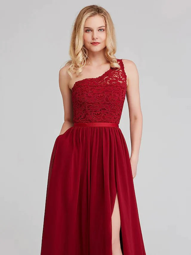 A-Line Bridesmaid Dress One Shoulder Sleeveless Elegant Long Length Chiffon / Lace with Sash / Ribbon - luolandi