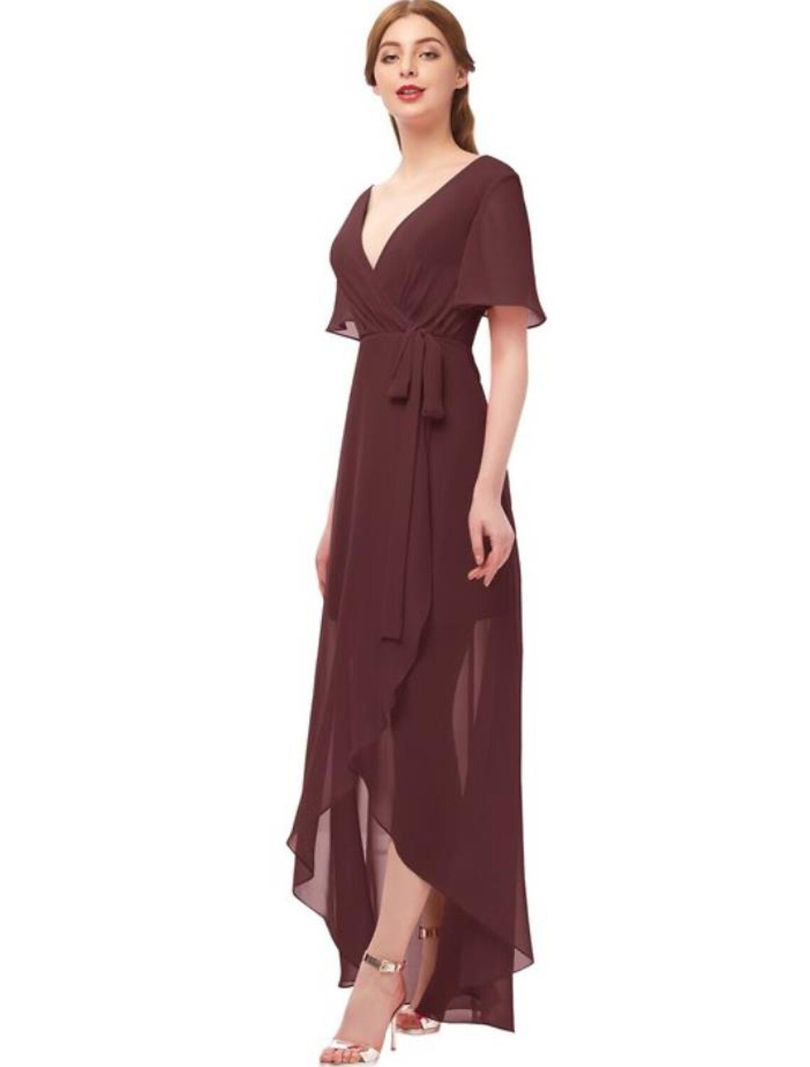 A-Line Bridesmaid Dress Plunging Neck Short Sleeve Elegant Asymmetrical Chiffon with Bow(s) / Ruching - luolandi