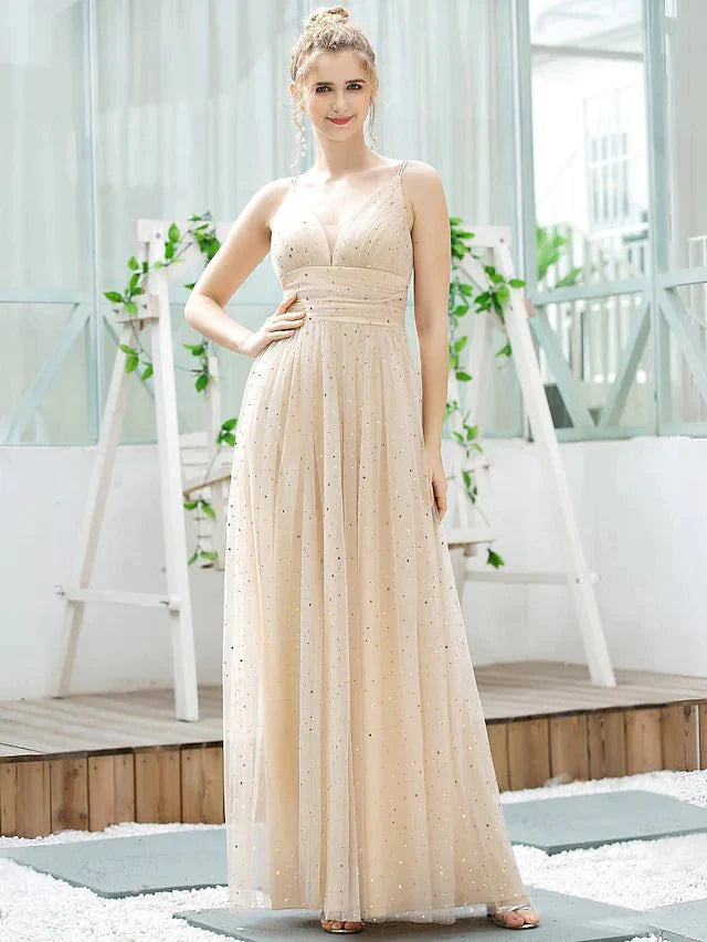 A-Line Bridesmaid Dress Plunging Neck Sleeveless Elegant Floor Length Tulle with Sequin - luolandi
