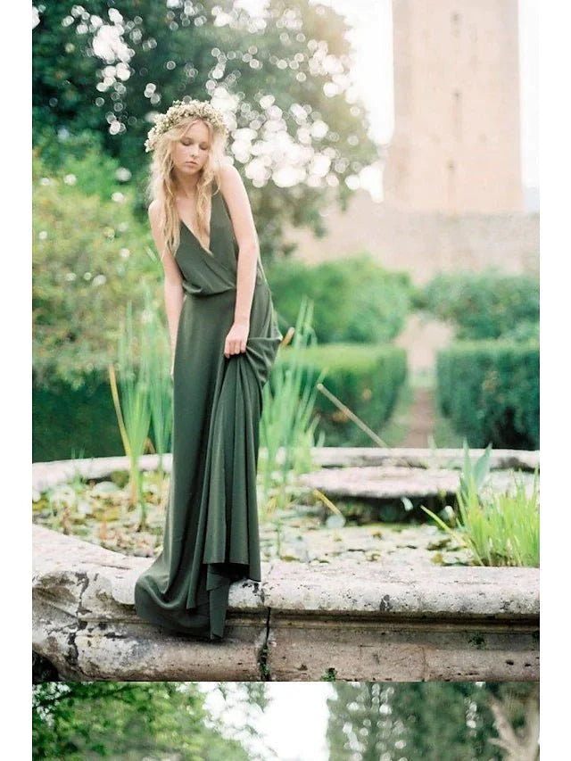 A-Line Bridesmaid Dress Plunging Neck Sleeveless Elegant Sweep / Brush Train Jersey with Criss Cross - luolandi