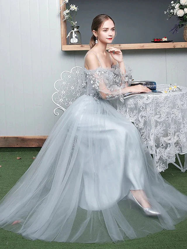 A-Line Bridesmaid Dress Spaghetti Strap / Off Shoulder Long Sleeve Elegant Floor Length Tulle with Ruffles / Appliques - luolandi