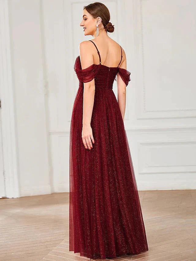 A-Line Bridesmaid Dress Spaghetti Strap / Off Shoulder Short Sleeve Elegant Floor Length Tulle with Draping / Ruching / Solid Color - luolandi