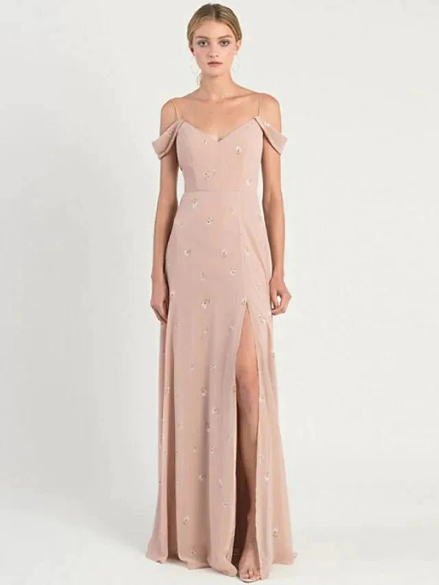 A-Line Bridesmaid Dress Spaghetti Strap Short Sleeve Open Back Sweep / Brush Train Chiffon with Pattern / Print / Split Front - luolandi