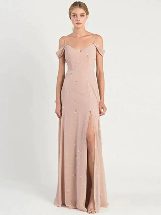 A-Line Bridesmaid Dress Spaghetti Strap Short Sleeve Open Back Sweep / Brush Train Chiffon with Pattern / Print / Split Front - luolandi