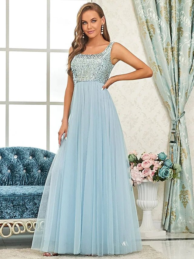 A-Line Bridesmaid Dress Spaghetti Strap Sleeveless Elegant Floor Length Tulle / Sequined with Sequin - luolandi