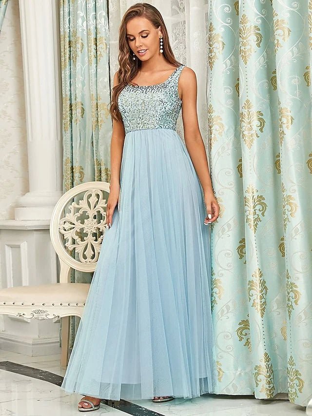A-Line Bridesmaid Dress Spaghetti Strap Sleeveless Elegant Floor Length Tulle / Sequined with Sequin - luolandi