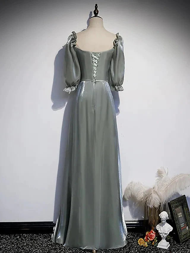 A-Line Bridesmaid Dress Square Neck Half Sleeve Elegant Floor Length Satin with Bow(s) / Beading - luolandi
