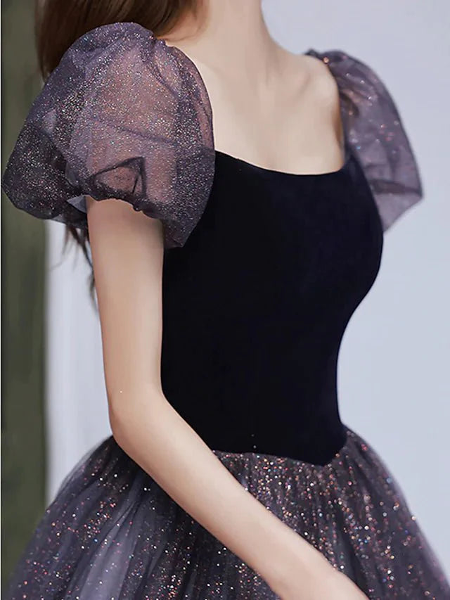 A-Line Bridesmaid Dress Square Neck Short Sleeve Elegant Floor Length Tulle with Pleats / Sequin - luolandi