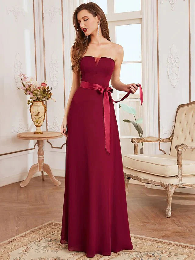 A-Line Bridesmaid Dress Strapless Sleeveless Elegant Floor Length Chiffon with Sash / Ribbon - luolandi