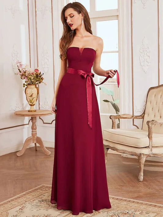 A-Line Bridesmaid Dress Strapless Sleeveless Elegant Floor Length Chiffon with Sash / Ribbon - luolandi