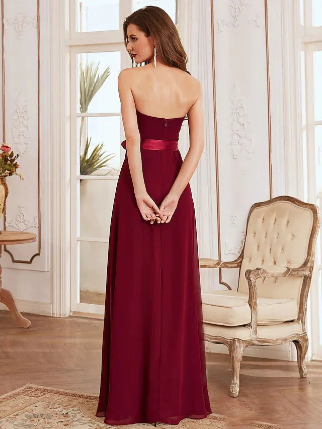 A-Line Bridesmaid Dress Strapless Sleeveless Elegant Floor Length Chiffon with Sash / Ribbon - luolandi