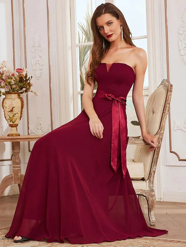 A-Line Bridesmaid Dress Strapless Sleeveless Elegant Floor Length Chiffon with Sash / Ribbon - luolandi