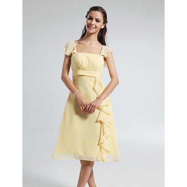 A-Line Bridesmaid Dress Straps Short Sleeve Elegant Knee Length Chiffon with Ruffles / Draping - luolandi