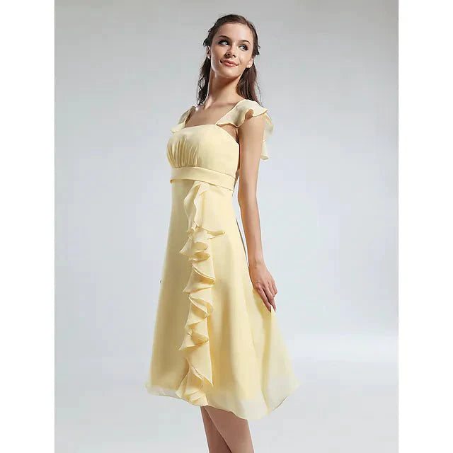 A-Line Bridesmaid Dress Straps Short Sleeve Elegant Knee Length Chiffon with Ruffles / Draping - luolandi
