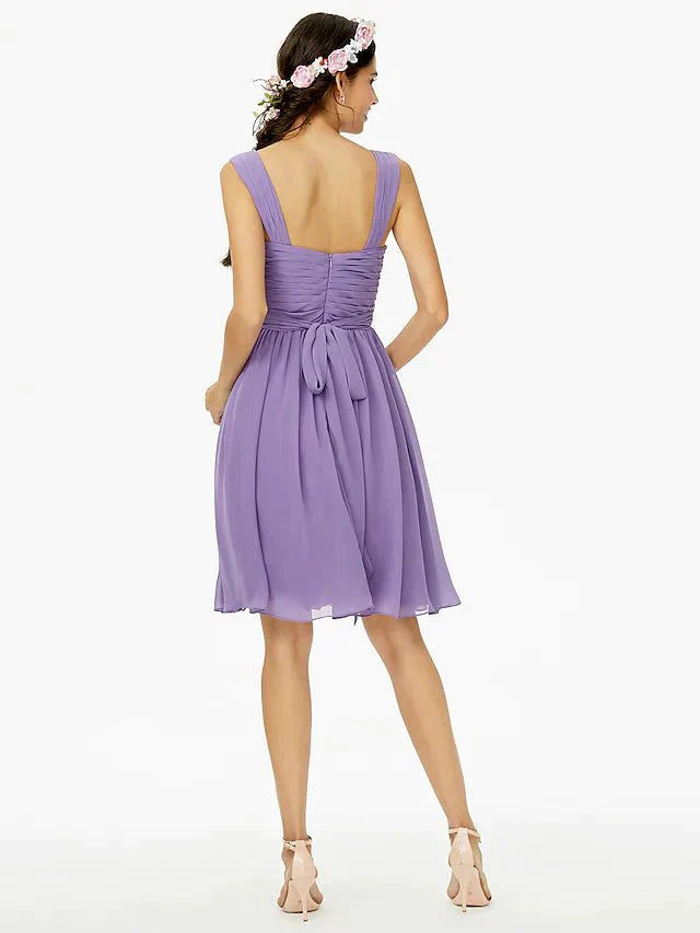 A-Line Bridesmaid Dress Straps Sleeveless Open Back Knee Length Chiffon with Sash / Ribbon / Bow(s) / Criss Cross - luolandi