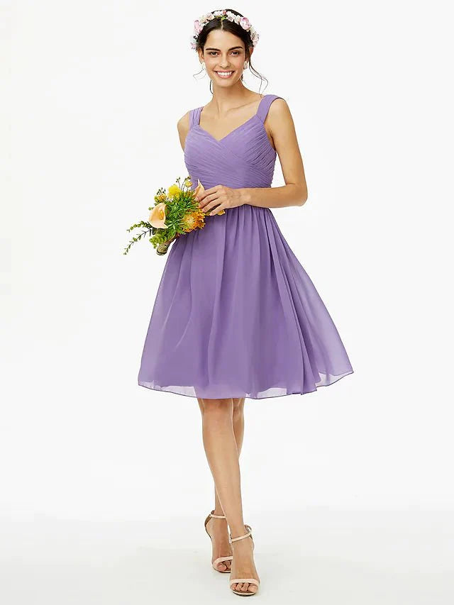 A-Line Bridesmaid Dress Straps Sleeveless Open Back Knee Length Chiffon with Sash / Ribbon / Bow(s) / Criss Cross - luolandi