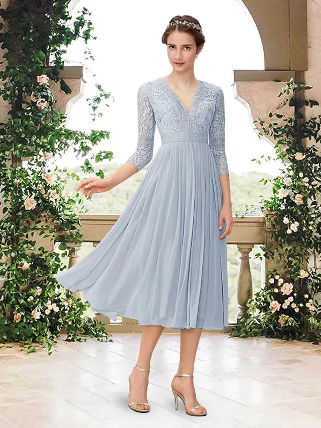 A-Line Bridesmaid Dress V Neck 3/4 Length Sleeve Elegant Tea Length Chiffon / Lace with Pleats - luolandi
