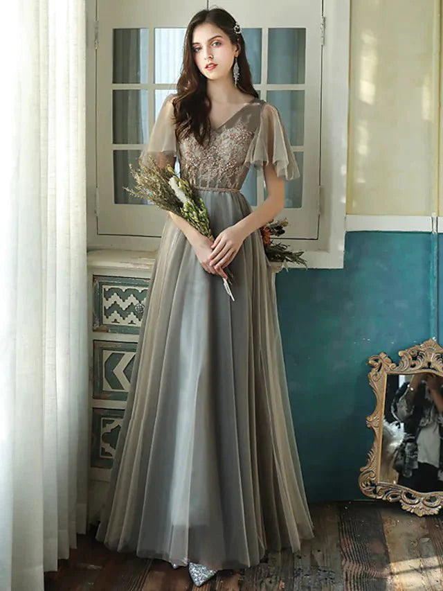 A-Line Bridesmaid Dress V Neck Short Sleeve Elegant Floor Length Tulle with Beading / Sequin - luolandi