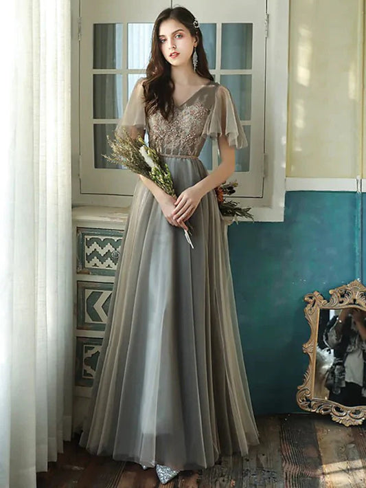 A-Line Bridesmaid Dress V Neck Short Sleeve Elegant Floor Length Tulle with Beading / Sequin - luolandi