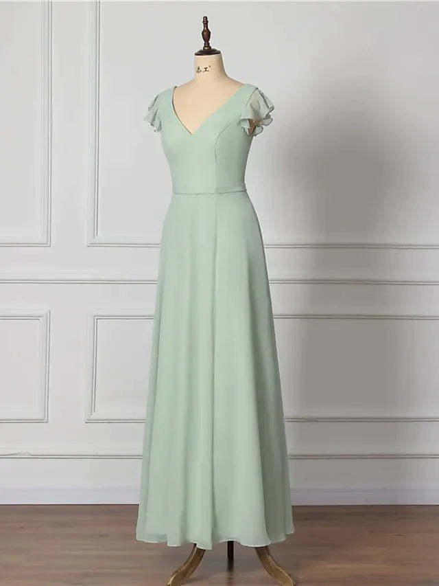 A-Line Bridesmaid Dress V Neck Short Sleeve Open Back Floor Length Chiffon with Draping - luolandi