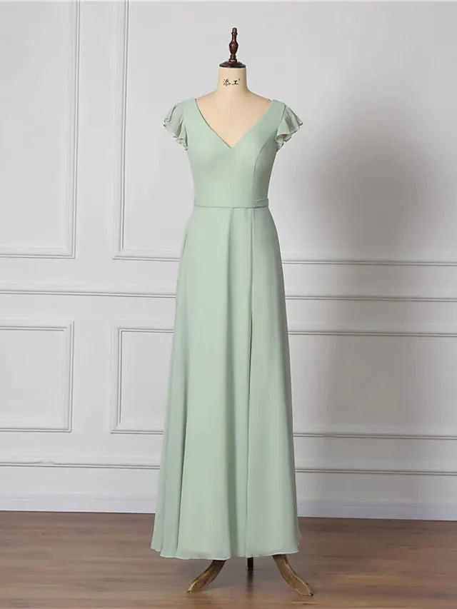 A-Line Bridesmaid Dress V Neck Short Sleeve Open Back Floor Length Chiffon with Draping - luolandi
