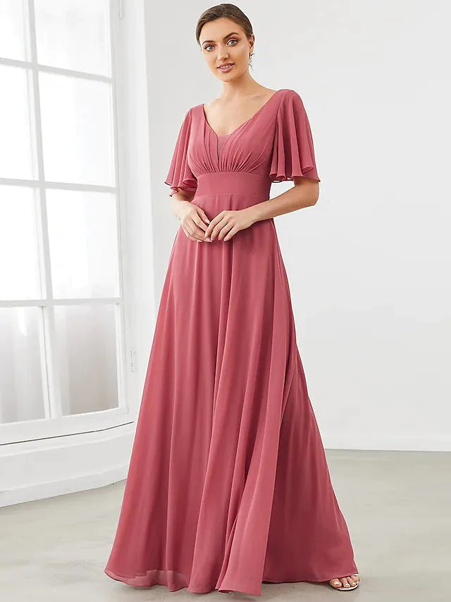 A-Line Bridesmaid Dress V Neck Short Sleeve Plus Size Floor Length Chiffon with Pleats / Draping / Solid Color - luolandi