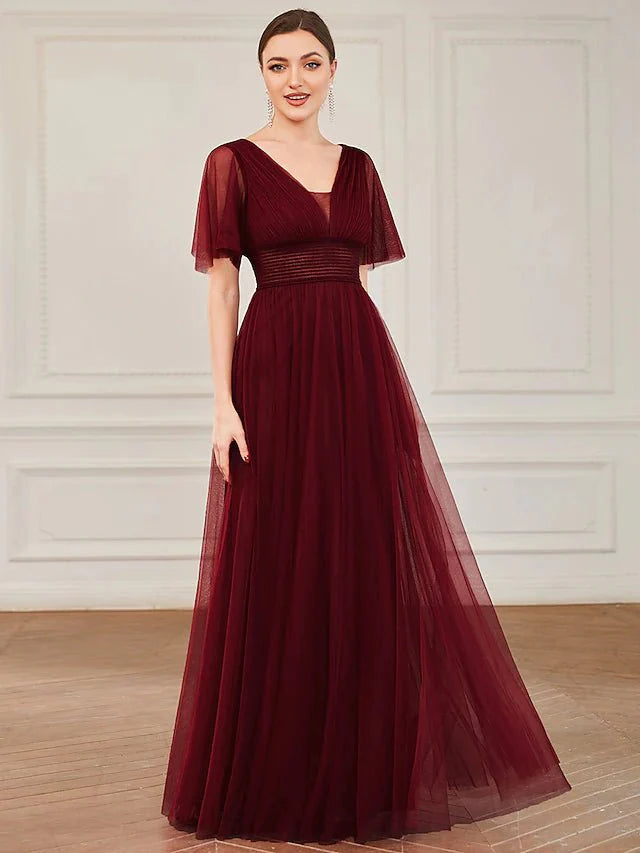 A-Line Bridesmaid Dress V Neck Short Sleeve Plus Size Floor Length Tulle with Ruffles / Draping / Tier - luolandi