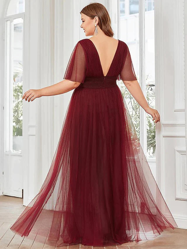 A-Line Bridesmaid Dress V Neck Short Sleeve Plus Size Floor Length Tulle with Ruffles / Draping / Tier - luolandi