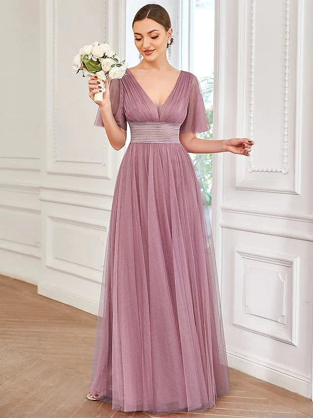 A-Line Bridesmaid Dress V Neck Short Sleeve Plus Size Floor Length Tulle with Ruffles / Draping / Tier - luolandi
