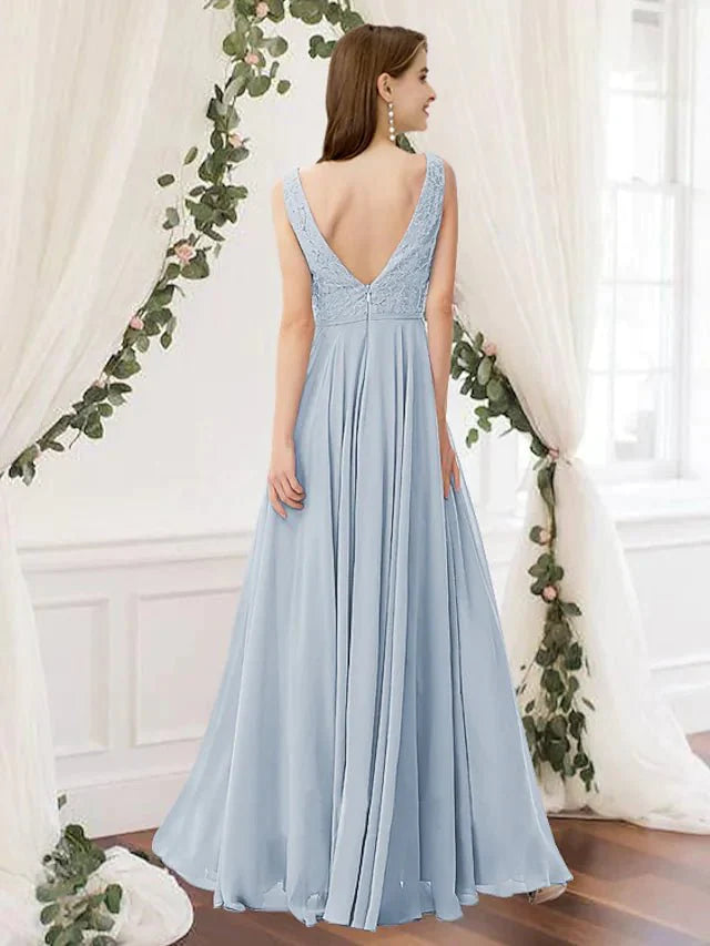 A-Line Bridesmaid Dress V Neck Sleeveless Elegant Floor Length Chiffon / Lace with Pleats - luolandi