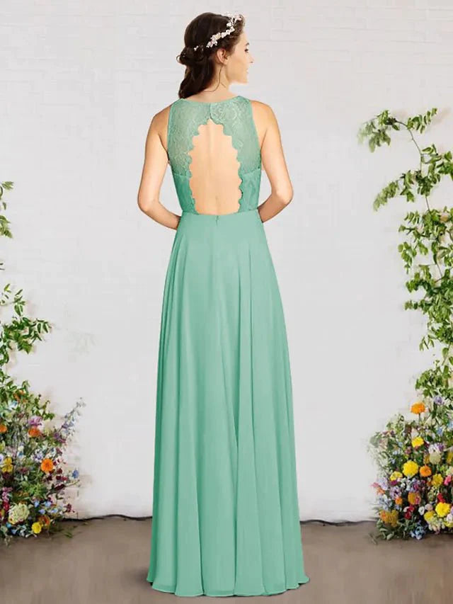 A-Line Bridesmaid Dress V Neck Sleeveless Elegant Floor Length Chiffon / Lace with Pleats - luolandi