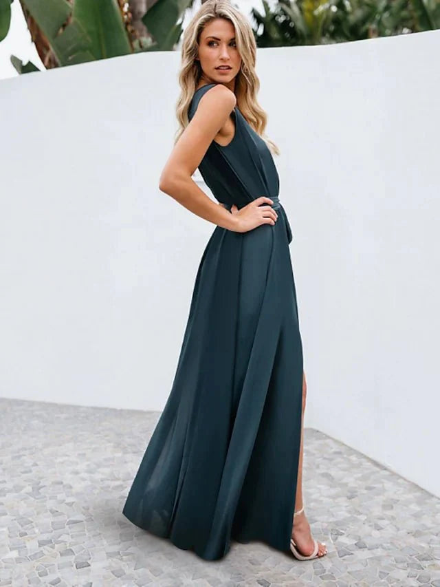 A-Line Bridesmaid Dress V Neck Sleeveless Elegant Floor Length Chiffon with Bow(s) / Pleats / Slit - luolandi