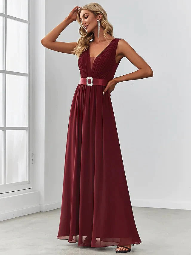 A-Line Bridesmaid Dress V Neck Sleeveless Elegant Floor Length Chiffon with Draping / Crystal Brooch / Ruching - luolandi