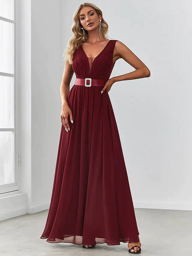 A-Line Bridesmaid Dress V Neck Sleeveless Elegant Floor Length Chiffon with Draping / Crystal Brooch / Ruching - luolandi