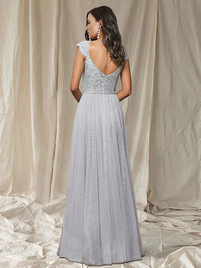 A-Line Bridesmaid Dress V Neck Sleeveless Elegant Floor Length Lace / Tulle with Pleats / Appliques - luolandi