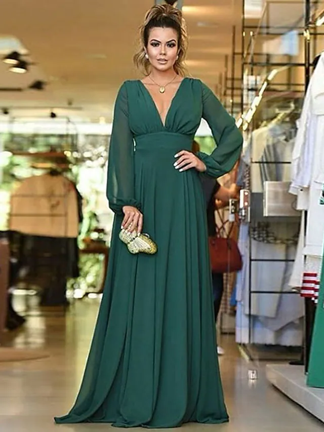 A-Line Plunging Neck Floor Length Chiffon Bridesmaid Dress with Pleats - luolandi