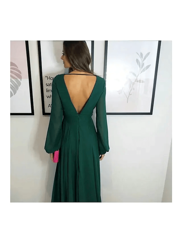 A-Line Plunging Neck Floor Length Chiffon Bridesmaid Dress with Pleats - luolandi