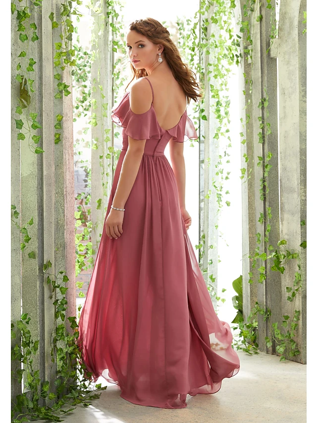 A-Line Spaghetti Strap Floor Length Chiffon Bridesmaid Dress - luolandi