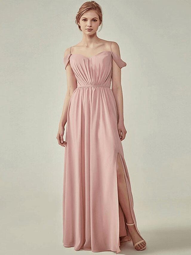 A-Line Spaghetti Strap Floor Length Chiffon Bridesmaid Dress with Sash / Ribbon / Ruching - luolandi