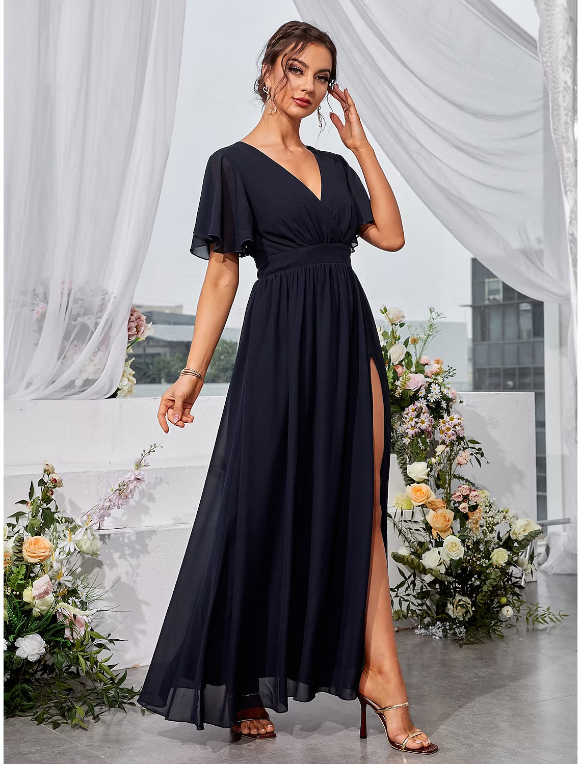 A-Line Wedding Guest Dresses Elegant Dress Holiday Floor Length Short Sleeve V Neck Chiffon Backless with Slit