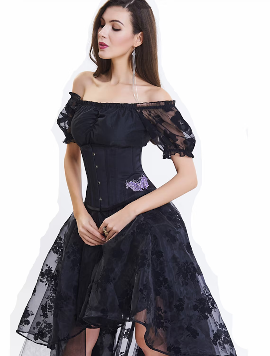 A-Line Prom Dresses Vintage Dress Asymmetrical Short Sleeve Off Shoulder Lace with Embroidery Appliques