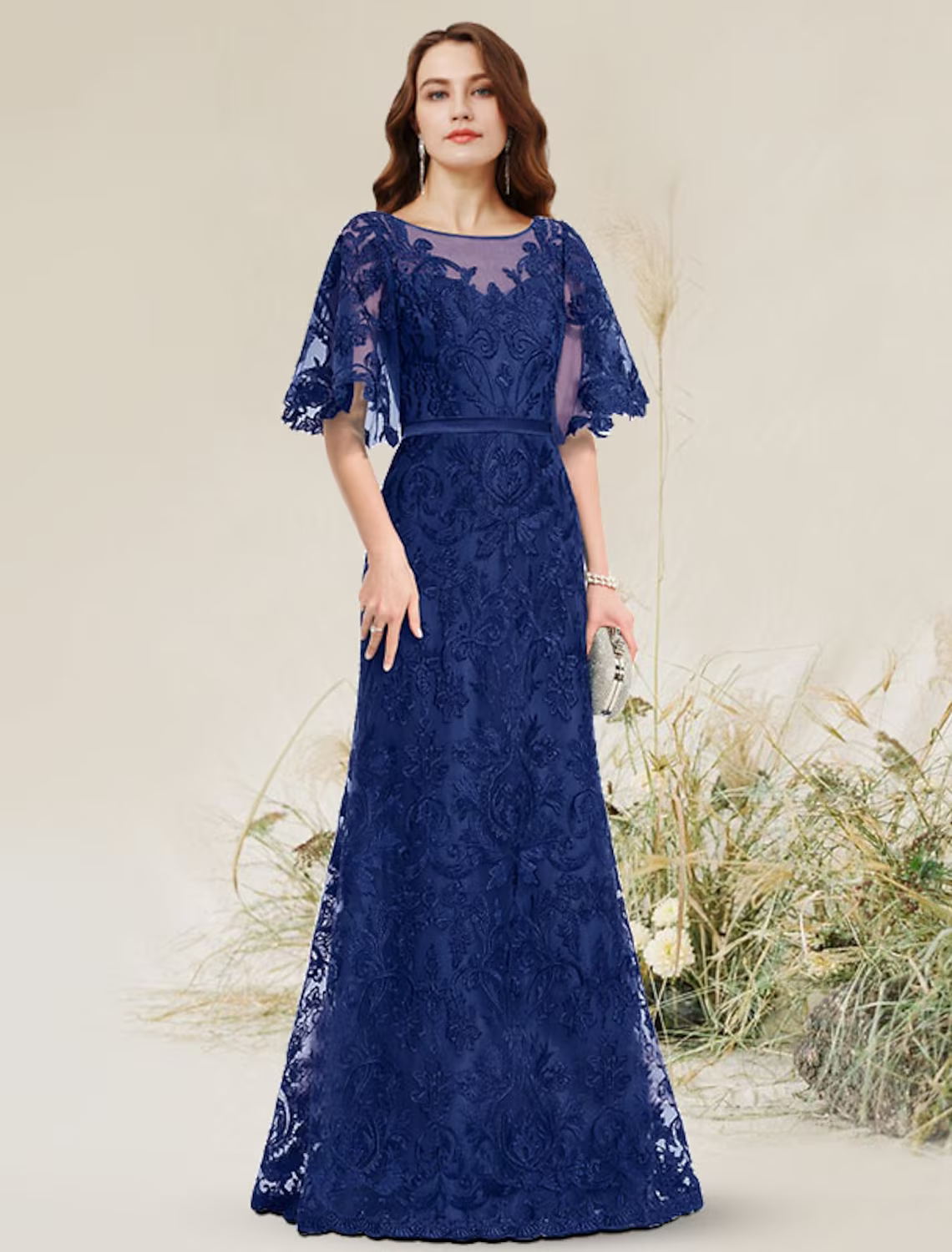 A-Line Evening Gown Elegant Dress Engagement Floor Length Short Sleeve Jewel Neck Lace with