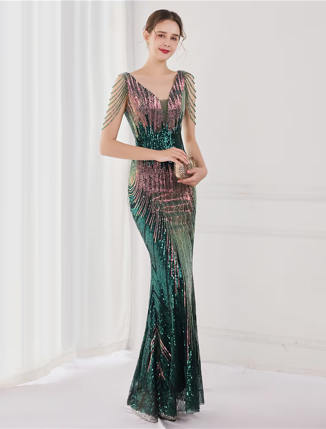 Mermaid / Trumpet Evening Gown Elegant Dress Wedding Guest Floor Length Sleeveless V Neck Sequined V Back with Sequin