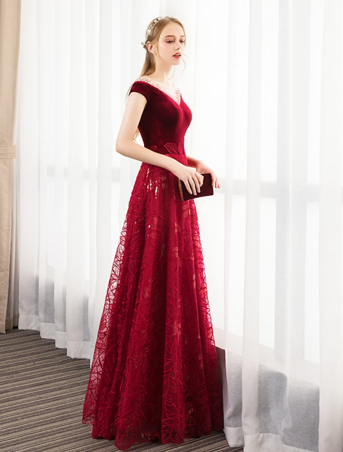 A-Line Prom Dresses Glittering Dress Engagement Floor Length Short Sleeve Jewel Neck Tulle with Pleats Crystals Pattern Print