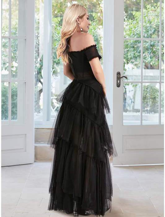 Ball Gown Prom Dresses Corsets Dress Masquerade Floor Length Sleeveless Off Shoulder Tulle with Ruffles Pure Color
